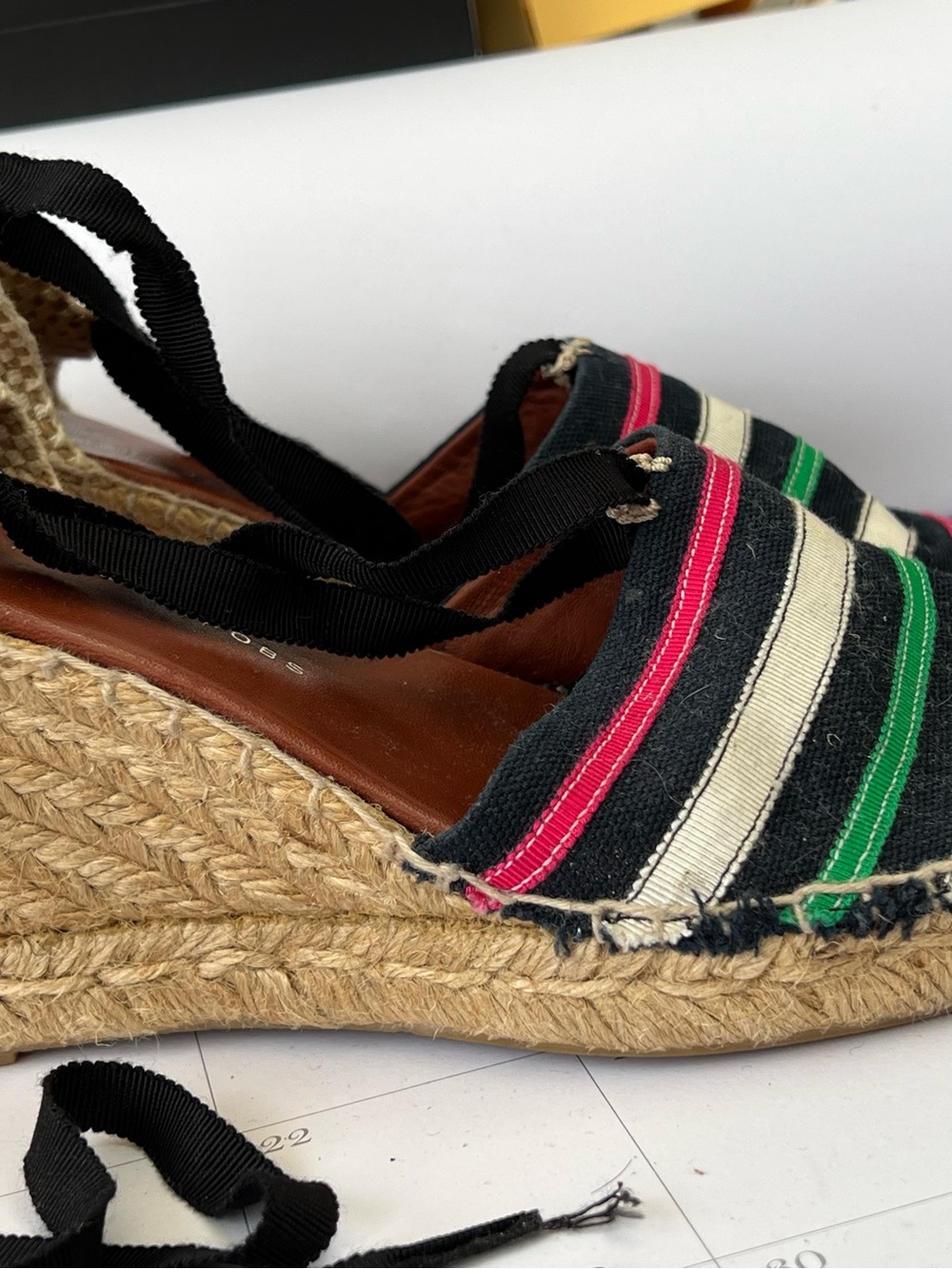 Marc Jacobs Black Striped Espadrille Wedges with Pink and Green Stripes - Picture 8 of 10